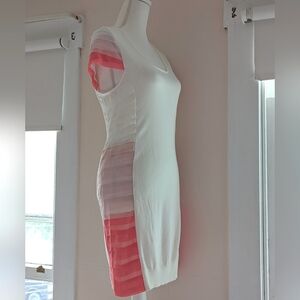 White Short Cap Sleeved Bodycon Mini Dress Knit Pink Side Ruffle Pretty Large